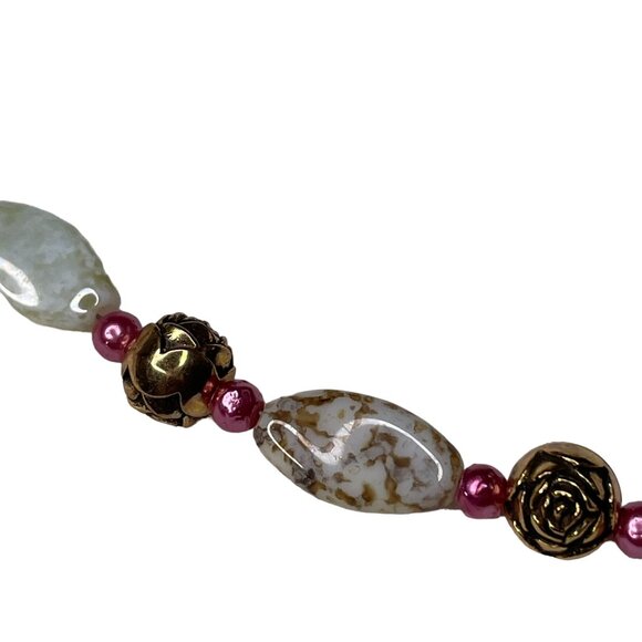 Pebble Chain Necklace Gold Tone Rose Accents Pink Stones Women Handcrafted  u Je - Picture 2 of 4